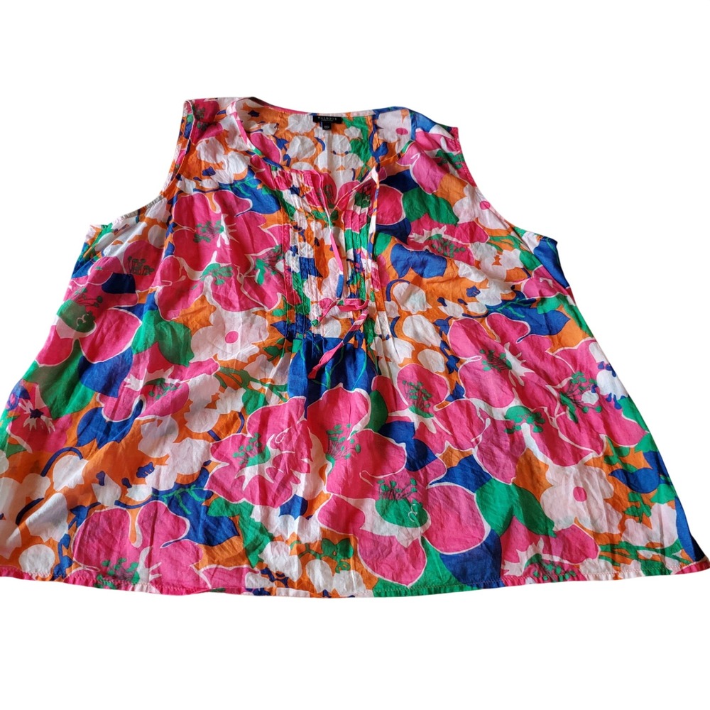 Talbots Woman Petites 2XP Floral Pintuck Sleeveless Cotton Blouse Pink Orange